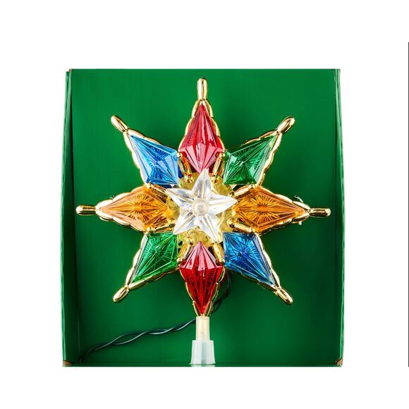 Retro Nostalgic 8" Gold Trim Multicolor Star Christmas Tree Topper Light Up Lit - Picture 8 of 15